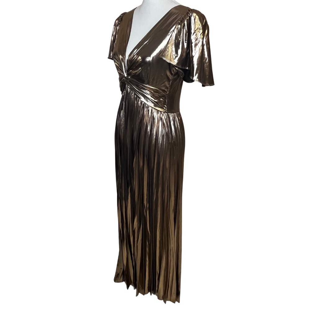 Skies Are Blue Metallic Bronze Twist-Front Pleated Maxi Dress - Picture 7 of 12